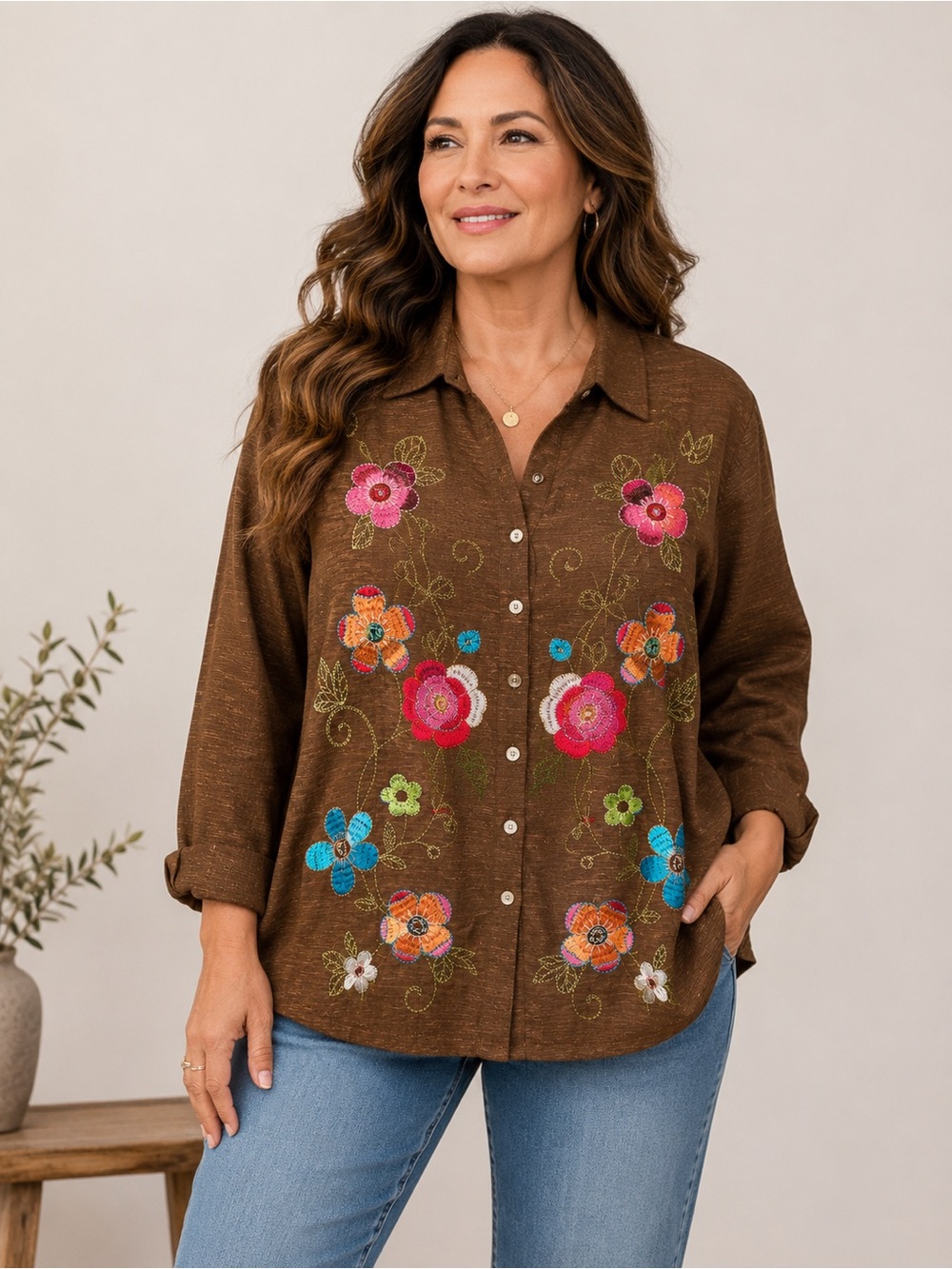 Silkland Woman 2X 100% Silk Embroidered Floral Brown Blouse Boho Artsy Shacket